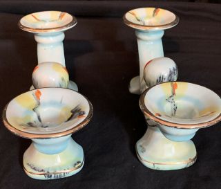 Mid - Century Pair Pale Blue Drip Glaze Pottery Candle Holders Boho Vintage MCM 3