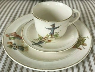 Elpco Antique Child China Place Setting Dish Cup Saucer Vintage Scarecrow Frogs