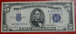 1934 - D Star Note Five Dollar Silver Certificate Bill Rare Old $5 Paper Money