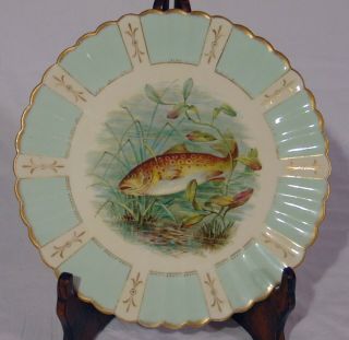 19th C Bodley English Cabinet Plate Spotted Trout Fish Scalloped Edge Turquoise