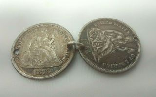 Antique Victorian Silver 1884 & 1876 Seated Liberty Dimes Love Token Coin Charms