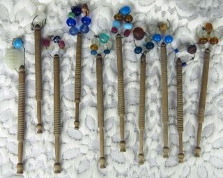 10 Antique Vintage Lace Wooden Bobbins With Spangles And Grooving