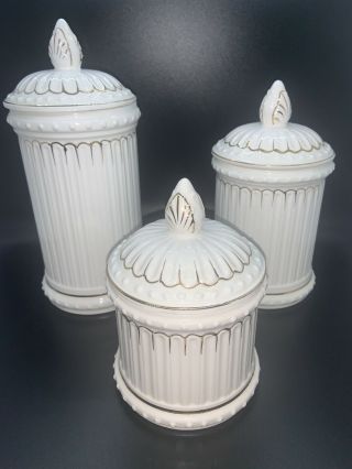 Rare Vintage Enesco White And Gold Canister Set