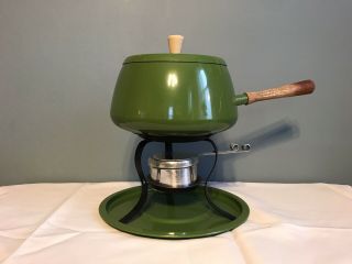 Vintage Mid Century Retro Fondue Pot Set Retro Green Avocado And Base 5 Pc
