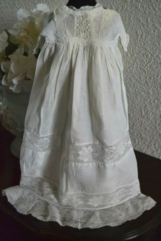 Antique Handmade Cotton Baby Doll Christening Gown Valenciennes Lace Flounce