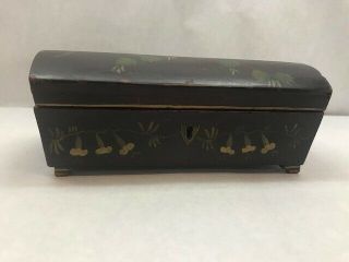 Mid Century Dark Wood Floral Hand Painted Trinket Box With Mirror Antique 1953