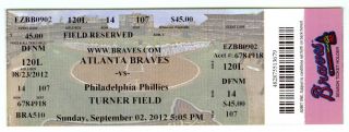 Chipper Jones Final Home Run 468 Rare Ticket 9/2/12 Braves V Phillies