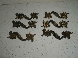 6 Antique Brass French Provincial Drawer Handles Pulls 4 " Centers 5 " Wide