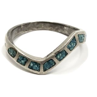 Antique Vintage Native Sterling Silver Navajo Chip Inlay Turquoise Ring Sz 6.  5