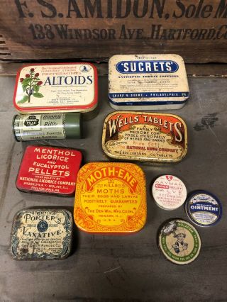 10 Antique Drugstore Pharmacy Medicine Medical Advertising Tins Doans Mothene