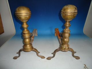 Antique 18th Or 19th C.  Period Brass Ball Top Andirons