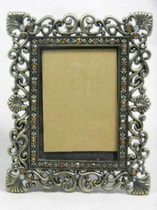 Ornate Antique Style Metal Jeweled Picture Frame Fits 2.  5 " X3.  5 " Photo,  Crystals