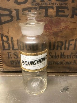 P.  Cinchon.  C Pontil Gold Label Lug Antique Apothecary Pharmacy Drug Jar Bottle