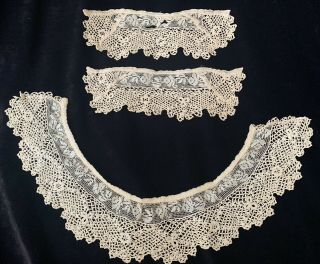 Antique Victorian Irish Rose Crochet Filet Lace Collar Cuffs Set