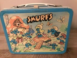 Very Rare Vintage 1983 Smurfs Metal Lunchbox With Thermos