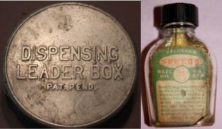 Vintage Dispensing Leader Box With Line & Speede No 379 Reel Oil Glass Bottle
