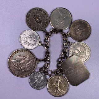 Rare Unique Vintage Sterling Silver Coin Bracelet With Real Coins Old Antique