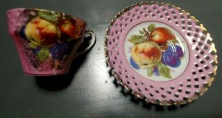 Vintage Royal Halsey Pink Cup And Saucer With Fruit,  Reticulated Saucer