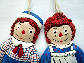 Vintage 1974 Bobbs Merrill Raggedy Ann And Andy Ceramic Christmas Ornaments Set