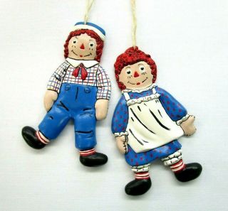 Vintage 1974 Bobbs Merrill Raggedy Ann and Andy Ceramic Christmas Ornaments Set 2