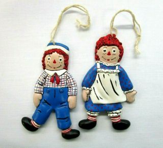 Vintage 1974 Bobbs Merrill Raggedy Ann and Andy Ceramic Christmas Ornaments Set 3