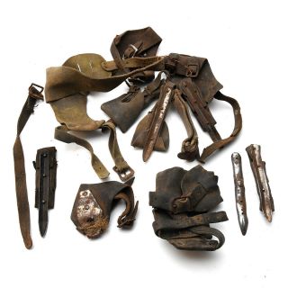 Antique Hand Corn Husker Shucker Leather Glove & Finger Straps Farm Tool (bn)