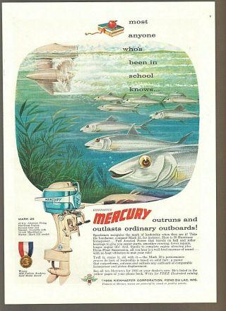 Vintage 1956 Mercury Mark 25 Hurricane Outboard Motor Color Art Ad