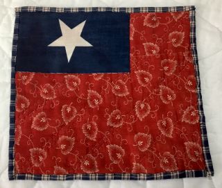 Antique Vintage Quilt Table Topper,  Early Red Calico Print,  Navy Blue Star