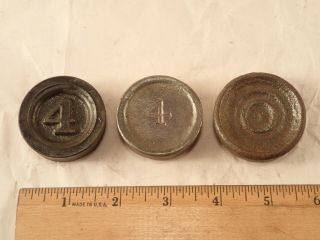 Three Vintage Cast Iron 4 Oz.  Weights For Balance Kitchen Scale Mercantile Trade