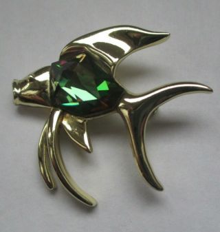 Vintage Sarah Coventry Gold Stone Fish Brooch Pin With Watermelon Rhinestone