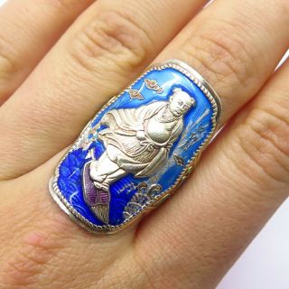 Antique China Silver Chinese Cloisonne Enamel Wide Adjustable Ring Size 8