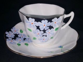 Vintage Rosina Pattern English Bone China Tea Coffee Cup & Saucer Blue & Black