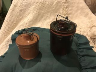 Dark Brown & Camel Glaze Food Stoneware Crock With Lid & Bale Crock Jar