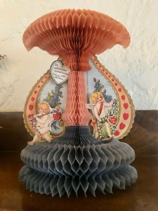 Antique Vintage Honeycomb Stand - Up Fold - Out Paper Valentine Cupids Dated 1927
