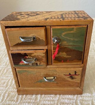 Vintage 1950 " S Miniature Japanese Inlaid Chest Of Drawers