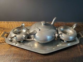 Vintage Wilcox Pewter Tea Set P1 4 Piece Teapot W/ Lid,  Creamer,  Sugar,  Tray