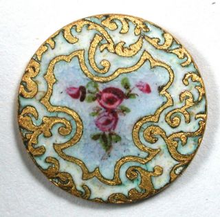 Antique French Enamel Button Hand Painted Flowers Design - 1/2 " Paris Back
