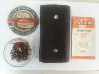Vintage Tooled Leather Fly Wallet With Contents - 95 Flies,  Silk Leader Package