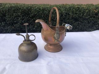 Antique Vintage Copper Brass Water Picture With Porcelain Handle And Spritzer