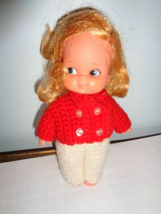 Vintage 7 1/2 Inch Vinyl Doll W/crocheted Outfit - Japan