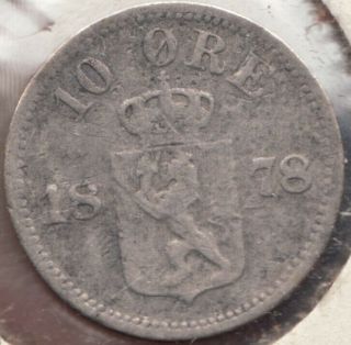 Scarce - Rare - 1878 Norway - 10 Ore Silver Coin - Superfleas - Very Good,