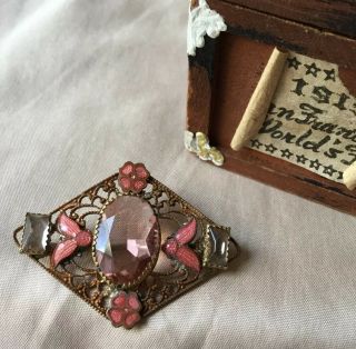 Old Vintage Antique Victorian Gold Gilt Silver Big Pink Enamel Glass Pin Brooch