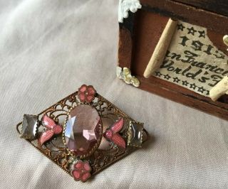 Old Vintage Antique Victorian Gold Gilt Silver Big Pink Enamel Glass Pin Brooch 2