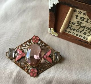 Old Vintage Antique Victorian Gold Gilt Silver Big Pink Enamel Glass Pin Brooch 3
