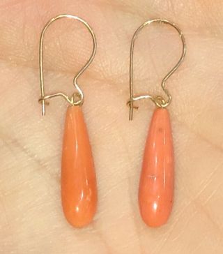Antique Vintage Estate Victorian Coral Drops Earrings Carved Undyed Salmon Angel