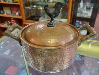 Rare Antique Copper Tin Lined Pot W Iron Rooster Finial Cast Brass Handles Heavy