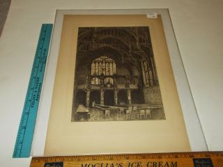 Rare Antique Orig Vtg C.  1890 Room Cathedral Abbey Tables Clock Etching Art Print
