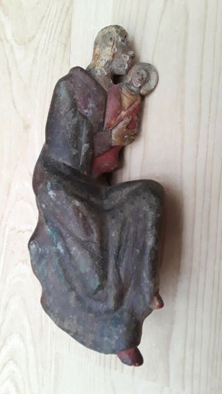 Hand Carved Wood Antique Sculpture Joseph & Jesus Primitive Religious Folk Art