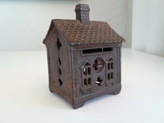 Antique 2 - Piece Cast Iron Building / House With Chimney Still Coin Bank No Paint