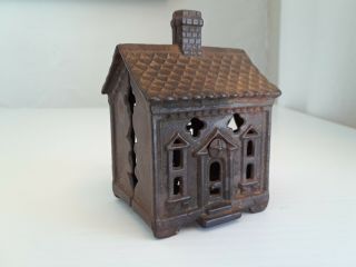Antique 2 - Piece Cast Iron Building / House With Chimney Still Coin Bank No Paint 2
